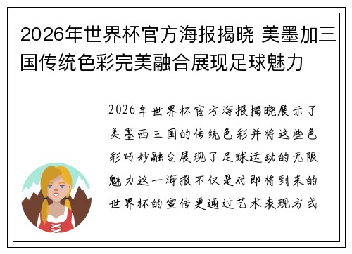 2026年世界杯官方海报揭晓 美墨加三国传统色彩完美融合展现足球魅力 2026年世界杯官方海报揭晓 美墨加三国传统色彩完美融合展现足球魅力